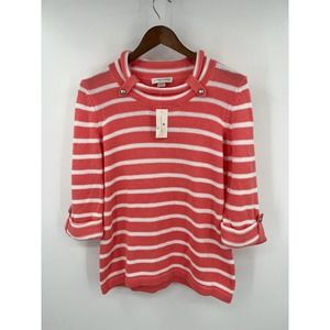 Christopher banks women's Salmon peach and white stripe 3/4 sleeve sweater sz M